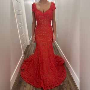 La Femme Red Lace Mermaid Gown
